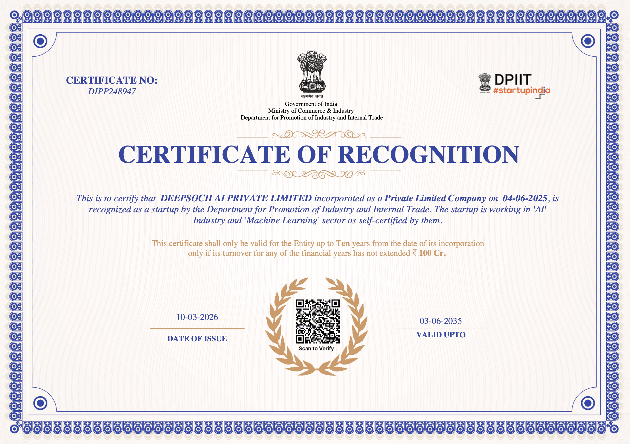 DPIIT Startup India Certificate of Recognition for DEEPSOCH AI PRIVATE LIMITED (DIPP248947)