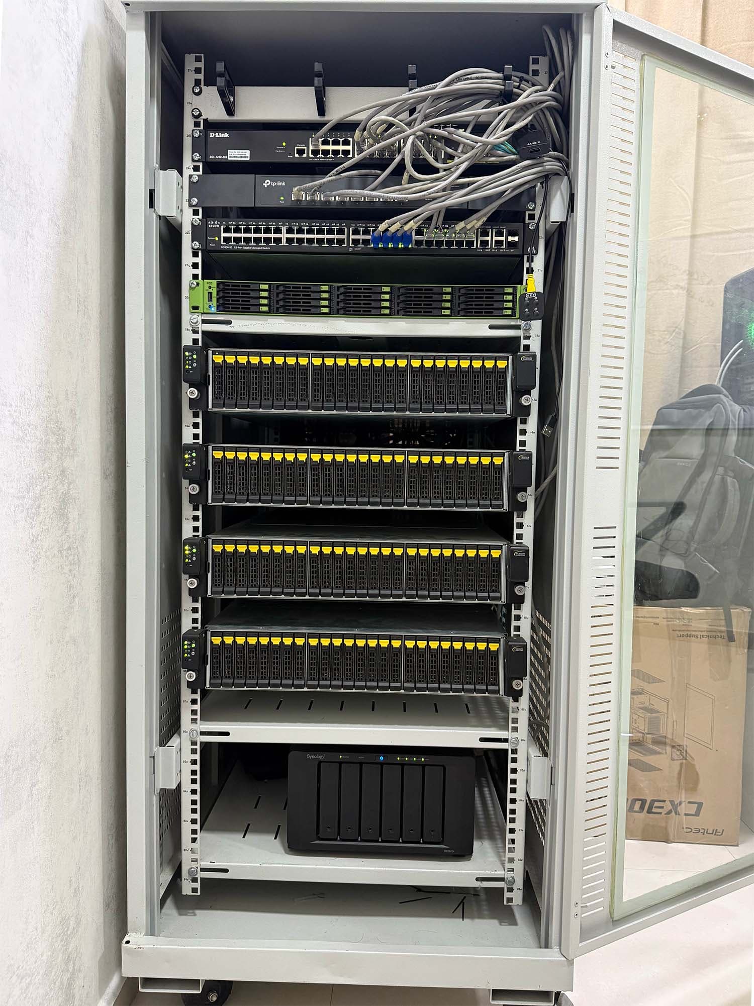 Server rack with network switches and storage